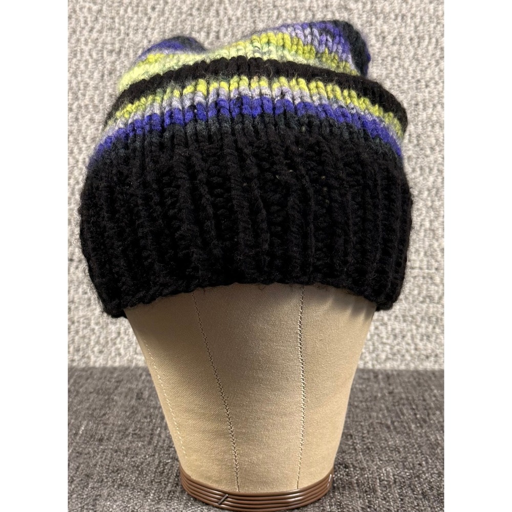 Handmade Knit Beanie Hat LG/XL Black Blue Green Striped Winter Slouchy Cap Skull